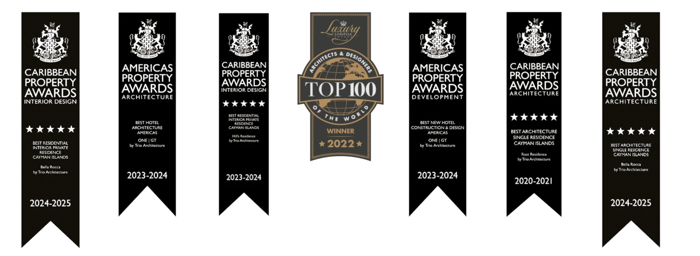 Trio Architecture awards: Caribbean Property Awards and Americas Property Awards for Bella Rocca, Hill's Residence, ONE|GT, and Rost Residence, plus Luxury Lifestyle Awards Top 100 Architects & Designers of the World 2022